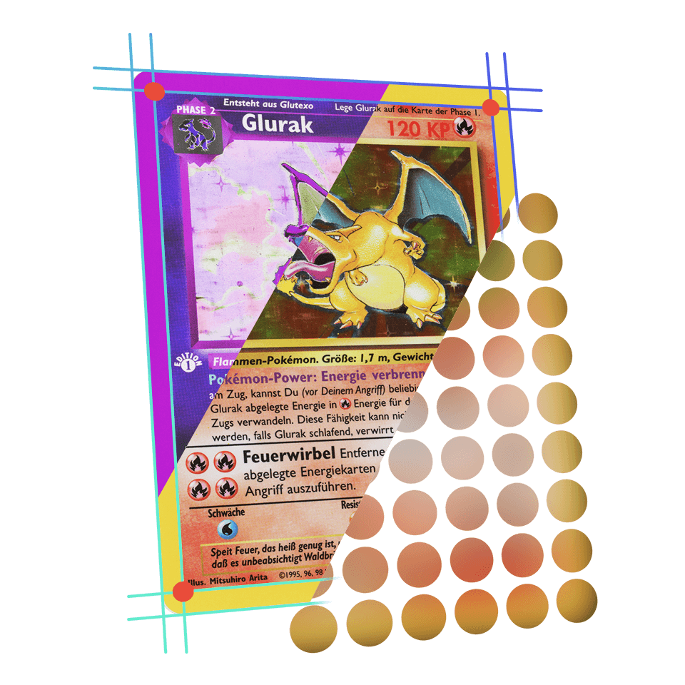 AOG Pokémon Karte, 1st Edition Glurak Basis Set deutsch, Gewährleistung möglichst hoher Objektivität, beispielhafte Darstellung, 